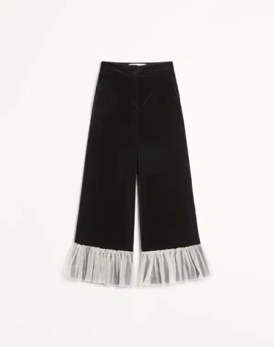 Valentino Womens  Garavani Cropped Ruffle-trim Straight-leg Mid-rise Stretch-cotton Trousers In Nero Avorio