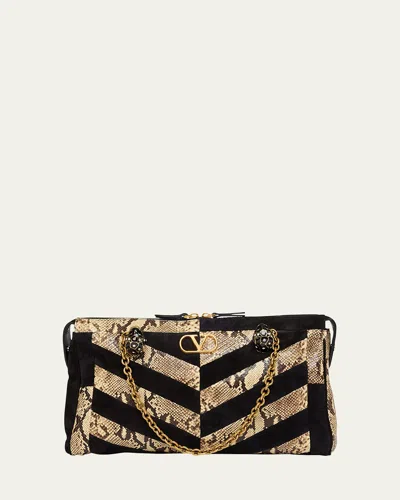 Valentino Garavani Panthea Medium Patchwork Chevron Shoulder Bag In Black