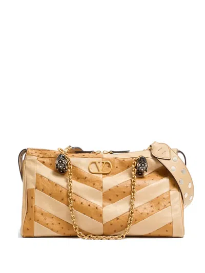 Valentino Garavani Panthea Medium Shoulder Bag In Ostrich And Nappa Leather With A Chevron Pattern In Neutral