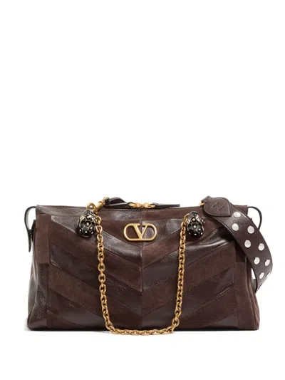 Valentino Garavani Valentino Panthea Medium Shoulder Bag In Suede And Nappa With Chevron Motif In Brown