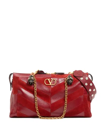 Valentino Garavani Panthea Medium Shoulder Bag In Suede And Nappa With Chevron Motif In Burgundy