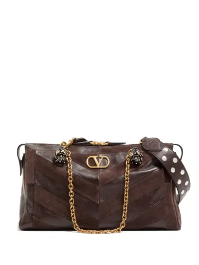 Valentino Garavani Valentino Panthea Medium Shoulder Bag In Suede And Nappa With Chevron Motif In Burgundy