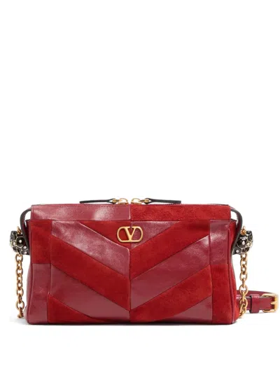 Valentino Garavani Panthea Small Shoulder Bag In Suede And Nappa With Chevron Pattern In Red