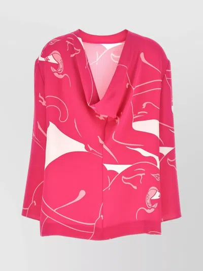 Valentino Panther Draped Cowl Neck Top In Pink