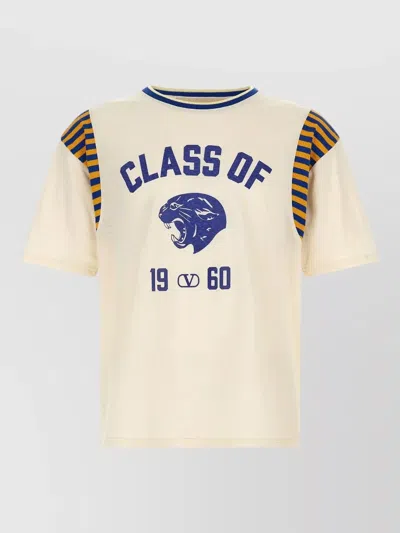 Valentino Panther Graphic Crew Neck Striped Sleeve T Shirt In Neutral