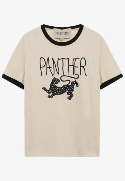 Valentino Garavani Butter-colored T-shirt With Panther Print In Brown