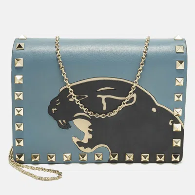 Pre-owned Valentino Garavani Panther Rockstud Blue/black Leather Chain Clutch