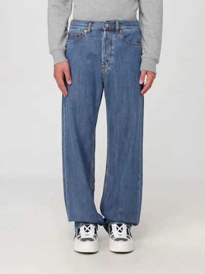 Valentino Straight Leg Jeans With Leather Logo Patch 24cm In Blue