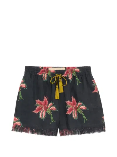 Valentino Papier Floral Linen Shorts In Black