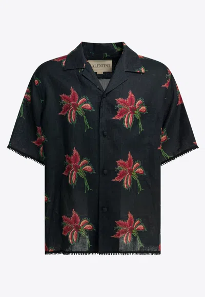 Valentino Papier Floral Print Bowling Shirt In Black