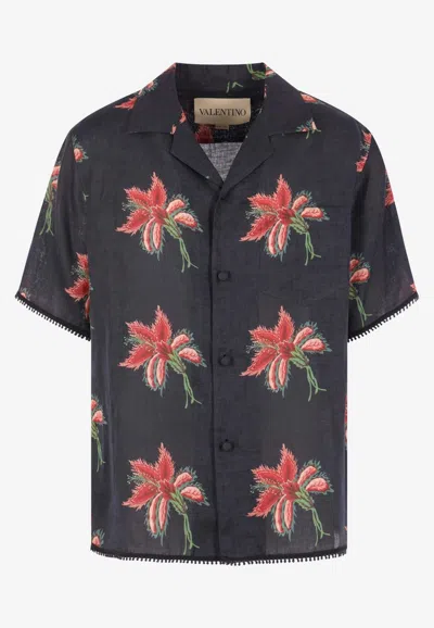 Valentino Papier Floral Print Linen Bowling Shirt In Black