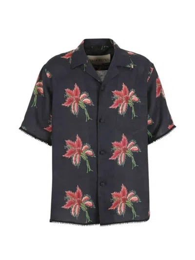 Valentino Camp Collar Shirt Floral Pattern Short Sleeves In Blue