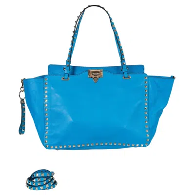Pre-owned Valentino Garavani Valentino Parrot Blue Leather Rockstud Medium Tote Bag