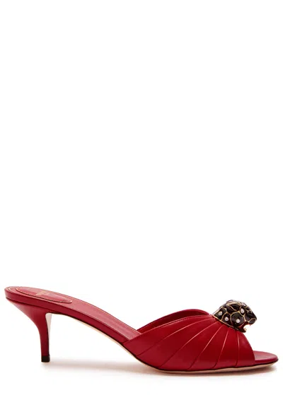 Valentino Garavani Valentino Pas De Chat Embellished Gathered Leather Mules In Red