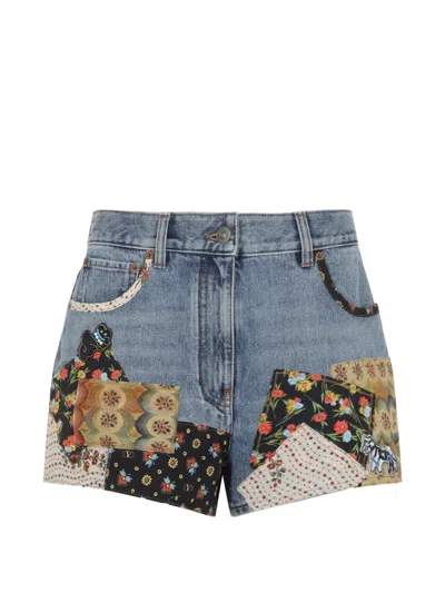 Valentino Patchwork Denim Shorts In Blue
