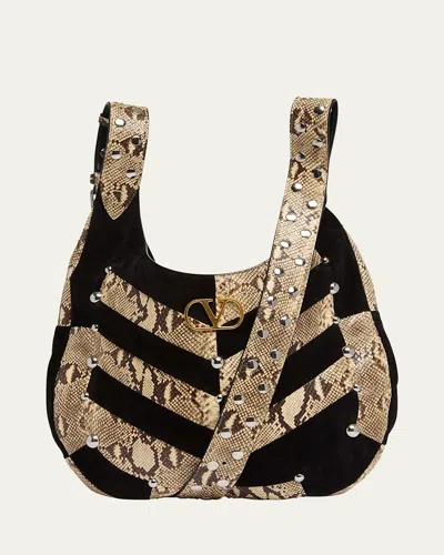 VALENTINO GARAVANI PATCHWORK SUEDE & PYTHON HOBO BAG