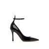 Valentino Garavani Pointed Toe Patent Leather Pumps With Logo Ankle Buckle In Black