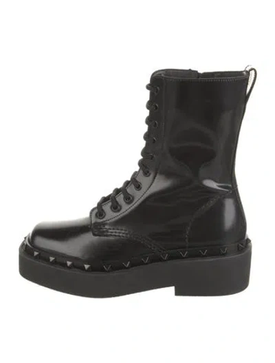 Pre-owned Valentino Garavani Patent Leather Studded Accents Combat Boots In Black