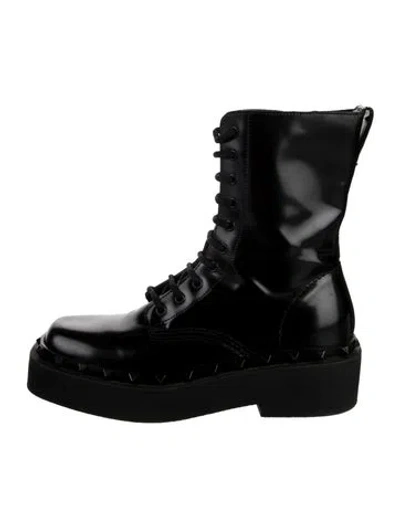 Pre-owned Valentino Garavani Patent Leather Studded Accents Combat Boots In Black