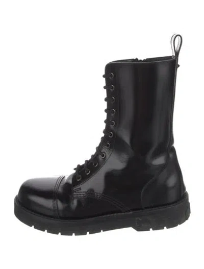 Pre-owned Valentino Garavani Patent Leather Studded Accents Combat Boots In Black