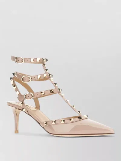 Valentino Garavani Patent Strappy Pumps Pointed Toe Studs In Neutral