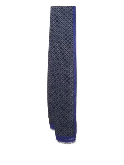 Pre-owned Valentino Patterned Fringed Scarf In Blue