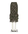 Valentino Ruched Flower Print Midi Skirt With Ruffle Hem In Black