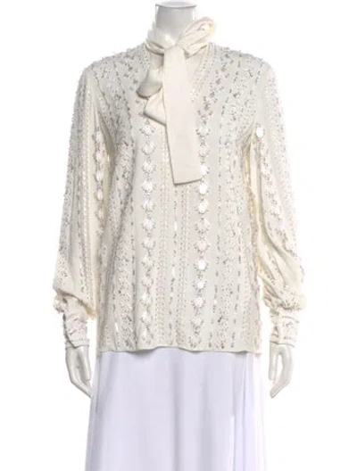 Pre-owned Valentino Patterned Tie Neck Blouse In White