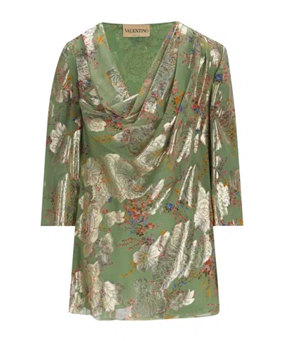 Valentino Floral-brocade Draped Tunic Top In Green