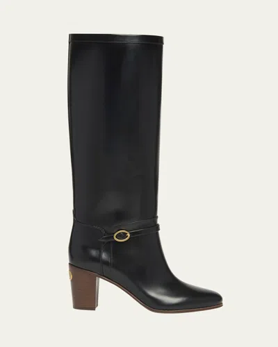 Valentino Garavani Pattie Leather Buckle Knee Boots In Black