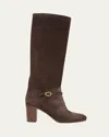 Valentino Pattie Suede Buckle Knee Boots In Brown