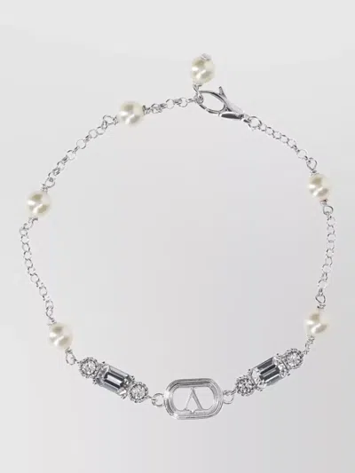 Valentino Garavani Pearl Chain Link Bracelet Crystal Rounds In Gray