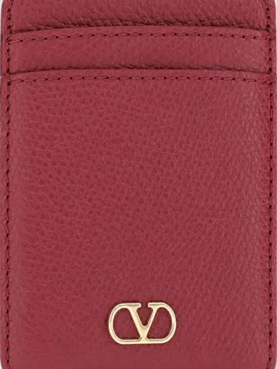 Valentino Garavani Pebbled Leather Card Case In Burgundy