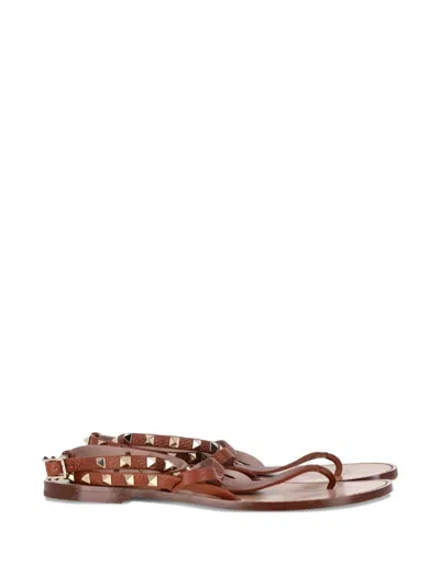 Pre-owned Valentino Garavani Pebbled Rockstud Ankle Wrap Sandals In Brown