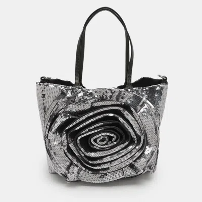 Pre-owned Valentino Garavani Petale Green/metallic Grey Sequins And Leather Tote