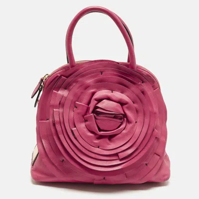 Pre-owned Valentino Garavani Petale Rose Fuchsia Leather Dome Satchel In Pink