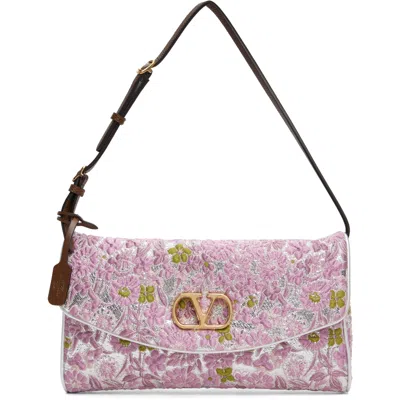 Valentino Garavani Pink & Silver Jacquard Lurex Devain Small Shoulder Bag In 1nb Dusty Rose/tabac