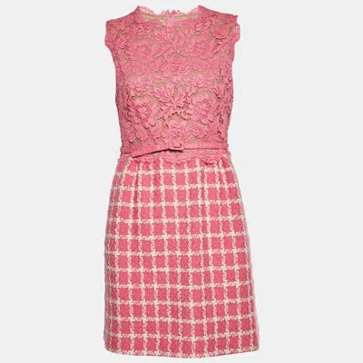 Pre-owned Valentino Pink Check Tweed And Guipure Lace Sleeveless Mini Dress M