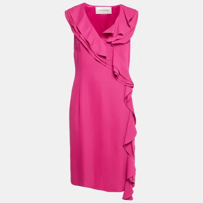 Pre-owned Valentino Pink Crepe Asymmetrical Ruffle Detailed Sleeveless Knee -length Dress L