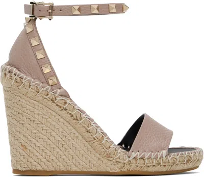 Valentino Garavani Pink Double Rockstud Grainy Calfskin Heeled Sandals In P98 Poudre/nero/natu