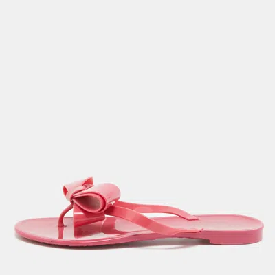 Pre-owned Valentino Garavani Pink Jelly Bow Accent Flat Slides Size 36