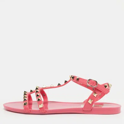 Pre-owned Valentino Garavani Pink Jelly Rockstud Ankle Strap Flats Size 37