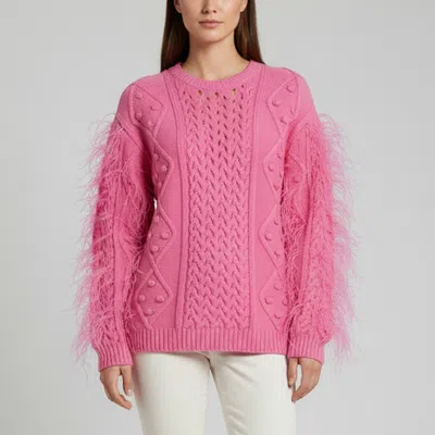 Pre-owned Valentino Pink Knit Feather Detail Long Sleeve Sweater S