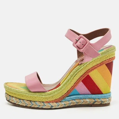 Pre-owned Valentino Garavani Pink Leather And Multicolor Chevron Wedge Ankle Strap Sandals Size 36