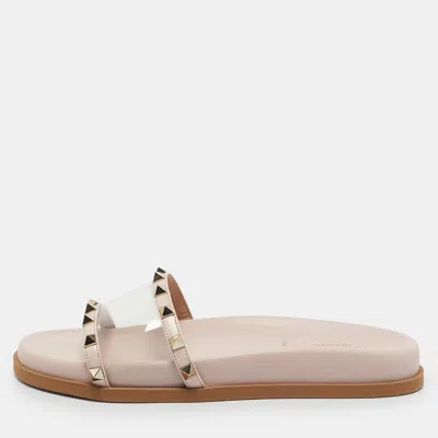 Pre-owned Valentino Garavani Pink Leather And Pvc Rockstud Flat Slides Size 37