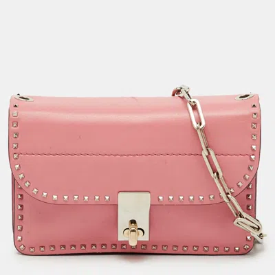 Pre-owned Valentino Garavani Pink Leather Rockstud Cabana Chain Crossbody Bag