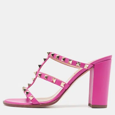 Pre-owned Valentino Garavani Pink Leather Rockstud Slide Sandals Size 38