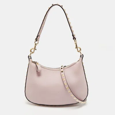Pre-owned Valentino Garavani Pink Leather Rockstud Zip Crossbody Bag