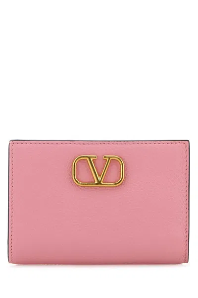 Valentino Garavani Leather Wallet Vlogo Fold-over Textured Finish In Pink
