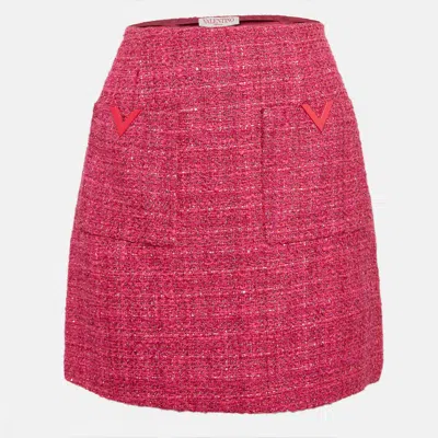 Pre-owned Valentino Pink Lurex Tweed V-logo Metallic Glaze Mini Skirt M